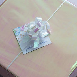 Listing 2 of 3 for Ribbon Pull Bow Pom Pom Irridescent White 32mmx12.5cm Pk5.