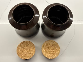 Listing 4 of 5 for Temuka NZ Pottery: TWO "Cobblestone" Canisters / Storage Jars with cork lids