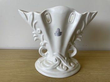 Listing 1 of 9 for Beautiful White Wedgwood Vase - Unicorn sticker attached
