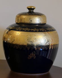 Listing 1 of 8 for VINTAGE LIMOGES LA REINE COBALT BLUE and 22k GOLD LIDDED GINGER JAR.