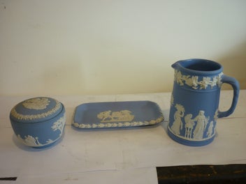 Listing 1 of 8 for WEDGEWOOD BLUE TRIO OF PIECES. JUG ,PLATE AND LIDDED POT