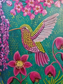 Listing 3 of 19 for Hummingbird and Floral Painting -'Jewel Wings '