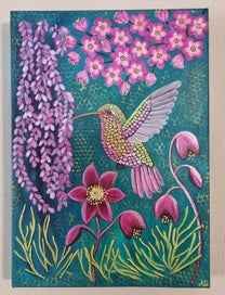 Listing 7 of 19 for Hummingbird and Floral Painting -'Jewel Wings '