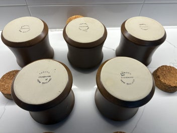 Listing 3 of 4 for Temuka NZ Pottery: FIVE "Driftwood" Canister / Storage Jars with cork lids
