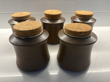 Listing 1 of 4 for Temuka NZ Pottery: FIVE "Driftwood" Canister / Storage Jars with cork lids