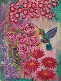 Listing 19 of 19 for Hummingbird and Floral Painting -'Jewel Wings '