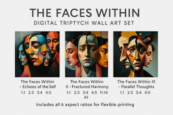 Listing 2 of 16 for ART PRINT WALL ART | Digital Painting Abstract Faces Modern Home Decor Triptych