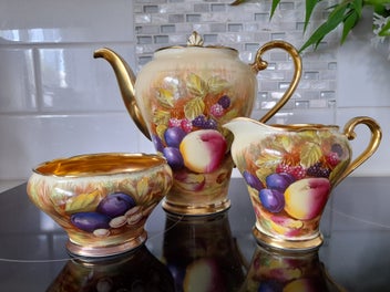 Listing 1 of 20 for Aynsley, Orchard Gold Coffee Pot, Creamer and Open Sugar Bowl.