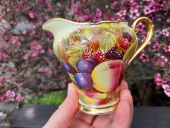 Listing 10 of 20 for Aynsley, Orchard Gold Coffee Pot, Creamer and Open Sugar Bowl.