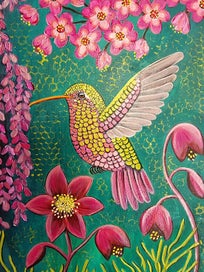Listing 5 of 19 for Hummingbird and Floral Painting -'Jewel Wings '