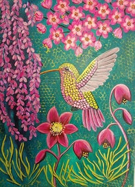 Listing 6 of 19 for Hummingbird and Floral Painting -'Jewel Wings '