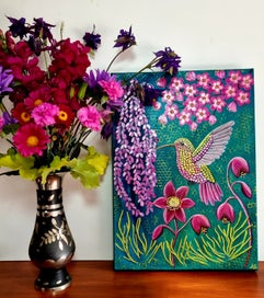 Listing 4 of 19 for Hummingbird and Floral Painting -'Jewel Wings '