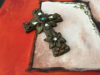 Listing 7 of 9 for Beautiful Large Vibrant Painting With Gold Leaf And Cross
