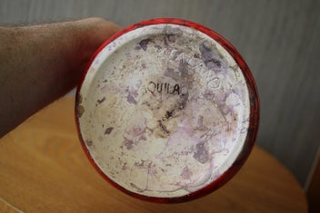 Listing 10 of 14 for AQUILA Pottery Bright Red & Gilded Vase 1980s-90s Titian, Brown Family