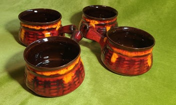 Listing 2 of 8 for Vintage Canadian Evangeline Pottery orange drip glaze ramekins (three left)