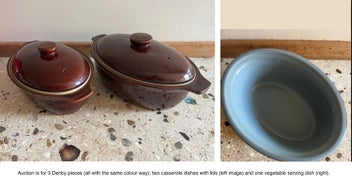 Listing 1 of 7 for Denby 'Homestead Brown' 2 casserole dishes w lids, and 1 vege serving dish