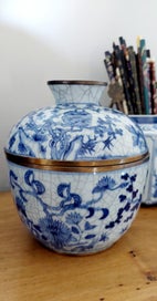 Listing 3 of 9 for ORIENTAL LIDDED JAR with BRASS RIMS *GORGEOUS FLORALS with ALL-OVER CRAZING