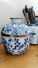 Listing 2 of 9 for ORIENTAL LIDDED JAR with BRASS RIMS *GORGEOUS FLORALS with ALL-OVER CRAZING