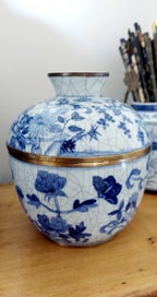 Listing 6 of 9 for ORIENTAL LIDDED JAR with BRASS RIMS *GORGEOUS FLORALS with ALL-OVER CRAZING