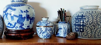 Listing 1 of 9 for ORIENTAL LIDDED JAR with BRASS RIMS *GORGEOUS FLORALS with ALL-OVER CRAZING