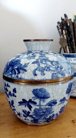 Listing 7 of 9 for ORIENTAL LIDDED JAR with BRASS RIMS *GORGEOUS FLORALS with ALL-OVER CRAZING