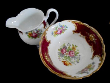 Listing 2 of 6 for SUPERB SHELLY BONE CHINA BURGUNDY " DUCHESS " CREAM JUG & BOWL