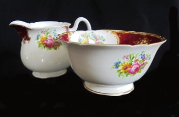 Listing 3 of 6 for SUPERB SHELLY BONE CHINA BURGUNDY " DUCHESS " CREAM JUG & BOWL