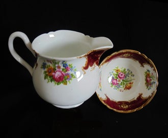 Listing 1 of 6 for SUPERB SHELLY BONE CHINA BURGUNDY " DUCHESS " CREAM JUG & BOWL