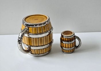 Listing 4 of 5 for Little & Large. Wade of England Pottery Barrel Mugs with Silver Banding.