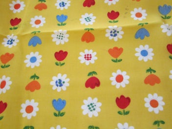 Listing 1 of 1 for Fabric -Vibrant Yellow with red, orange & blue tulips and white daisies