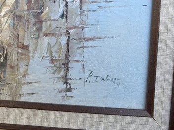 Listing 2 of 3 for Original Oil Painting – Chinese Junk Boats – Signed P.J Wong – Framed