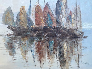 Listing 3 of 3 for Original Oil Painting – Chinese Junk Boats – Signed P.J Wong – Framed