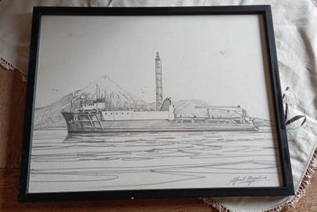 Listing 1 of 4 for Pencil Drawing, Drilling Ship with Mount. Taranaki.