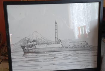 Listing 2 of 4 for Pencil Drawing, Drilling Ship with Mount. Taranaki.