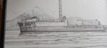 Listing 4 of 4 for Pencil Drawing, Drilling Ship with Mount. Taranaki.