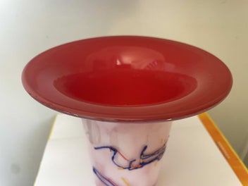 Listing 2 of 2 for Hand Blown Studio Art Glass Vase – Opaline Pink; Applied Colour Trails 19cm