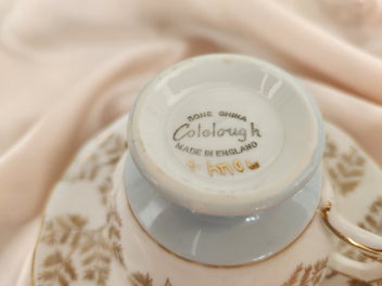 Listing 4 of 9 for ** Vintage Colclough Pale Blue & Gold Guilding Filigree leaves Trio Bone China *