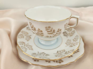 Listing 1 of 9 for ** Vintage Colclough Pale Blue & Gold Guilding Filigree leaves Trio Bone China *