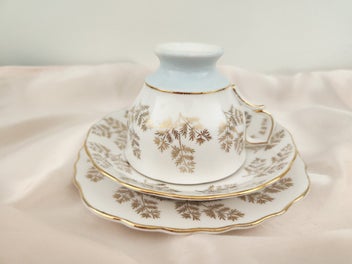 Listing 7 of 9 for ** Vintage Colclough Pale Blue & Gold Guilding Filigree leaves Trio Bone China *