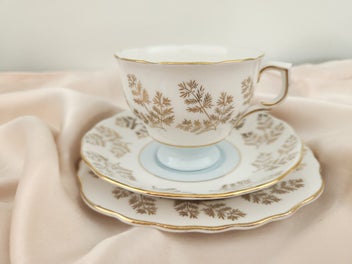 Listing 8 of 9 for ** Vintage Colclough Pale Blue & Gold Guilding Filigree leaves Trio Bone China *