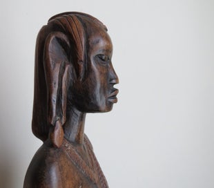Listing 8 of 11 for Vintage Hand Carved African Wood Sculpted Warrior, Imposing Sculpture 48cm tall