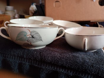 Listing 4 of 6 for 5 J & G Meakin Blue and Grey Leaf Soup Cups