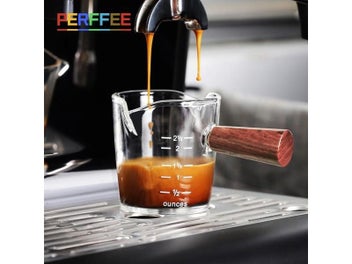 Listing 2 of 3 for 60/70/75ML Wooden Handle Glass Espresso Measuring Cup Double Spout Milk Coffee