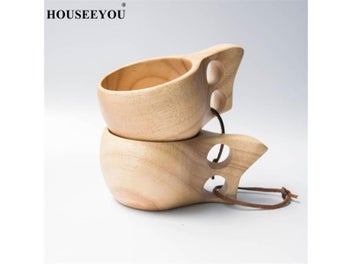 Listing 3 of 4 for Finland Kuksa Portable Coffee Mug With Rubber Wood Handle Cowhide Rope Hook