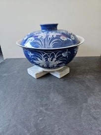 Listing 4 of 8 for Blue & White Porcelain Lidded Noodle/ Rice Serving Bowl with Floral Motif. Thai.
