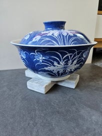 Listing 8 of 8 for Blue & White Porcelain Lidded Noodle/ Rice Serving Bowl with Floral Motif. Thai.