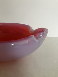 Listing 4 of 11 for Stunning large mid-century Murano bowl opalescent exterior & cranberry interior