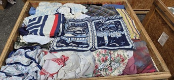 Listing 2 of 2 for $1 = RES Wooden crate #87 assorted material, curtains & possibly linen etc