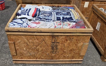 Listing 1 of 2 for $1 = RES Wooden crate #87 assorted material, curtains & possibly linen etc