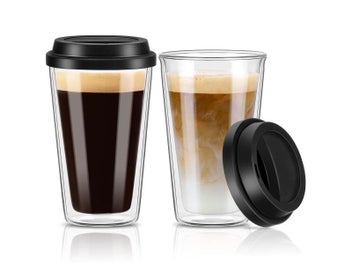 Listing 3 of 10 for 12 OZ Double Walled Insulated Reusable Glass Coffee Mugs With Lids